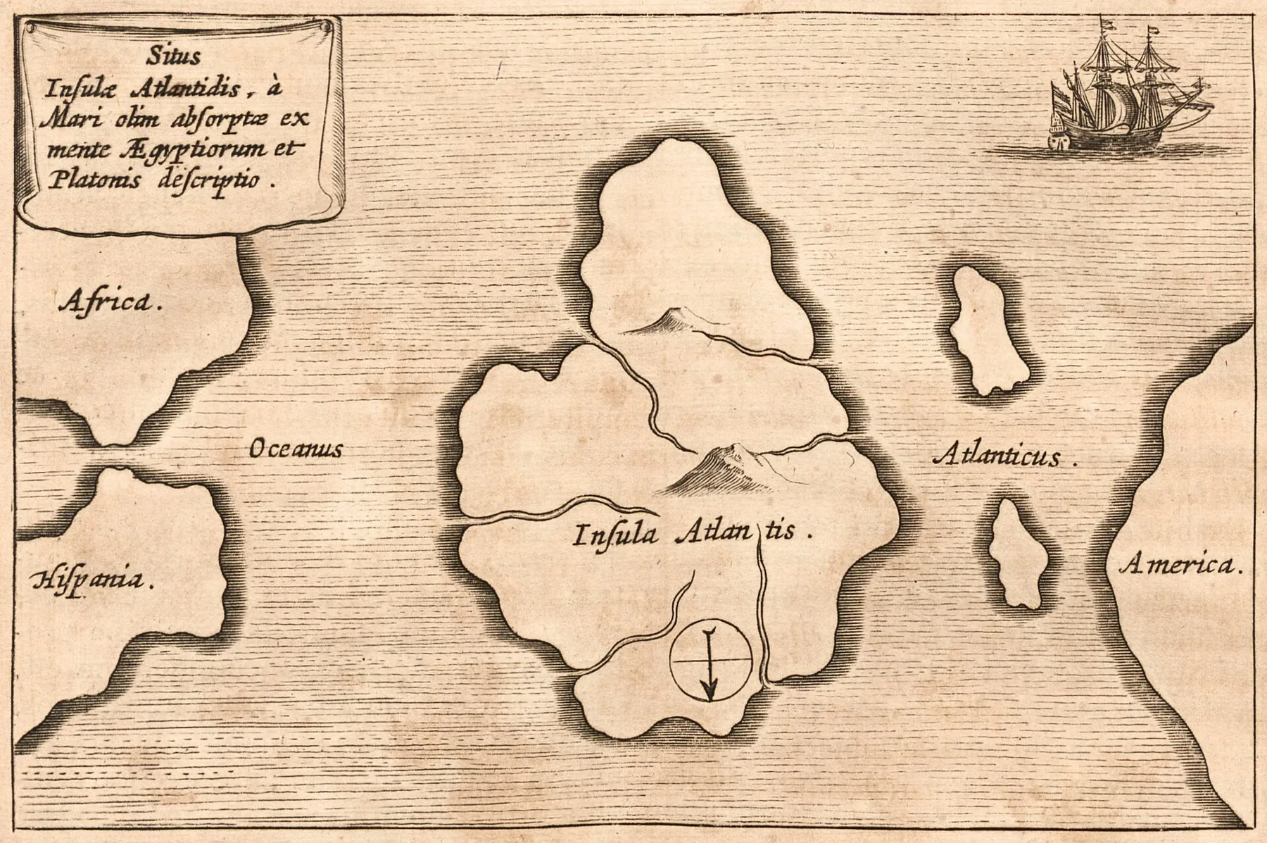 Athanasius Kircher's 1678 map of Atlantis from Mundus Subterraneus (south at top)