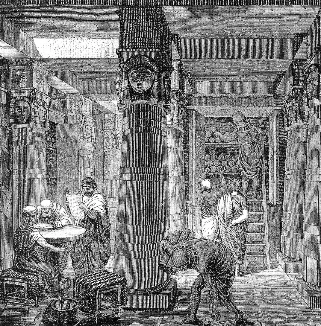 19th-century engraving imagining the Library of Alexandria; no images of the original survive